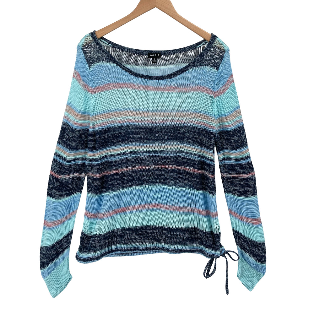 Torrid Size 1 Striped Loose Knit Sweater Blue Open Weave Side Tie